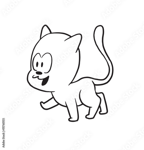 Vector cartoon image of a cute little black-white cat walking somewhere and smiling on a white background. Made in monochrome style. Positive character. Vector illustration.