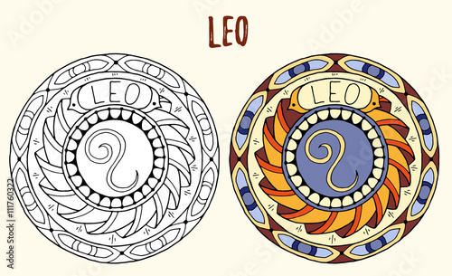 Zodiac signs theme. Black and white and colored mandalas with leo zodiac sign. Zentangle mandala. Hand drawn mandala zodiac for tattoo art, printed media design, stickers, coloring book pages. 