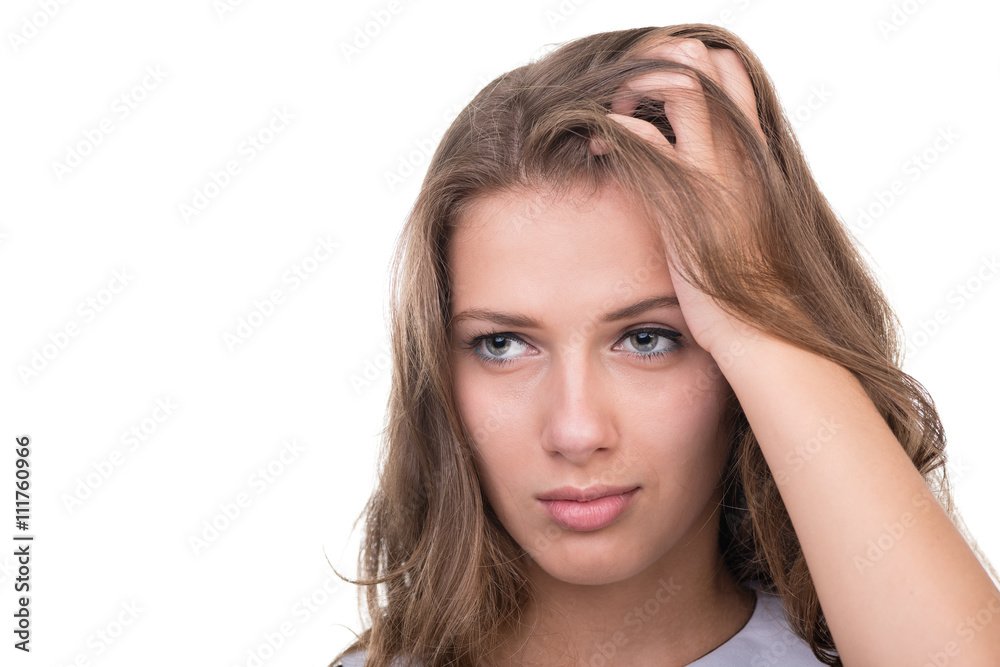 Closeup portrait of sad and depressed woman isolated on white Closeup portrait of sad and depressed woman isolated on white