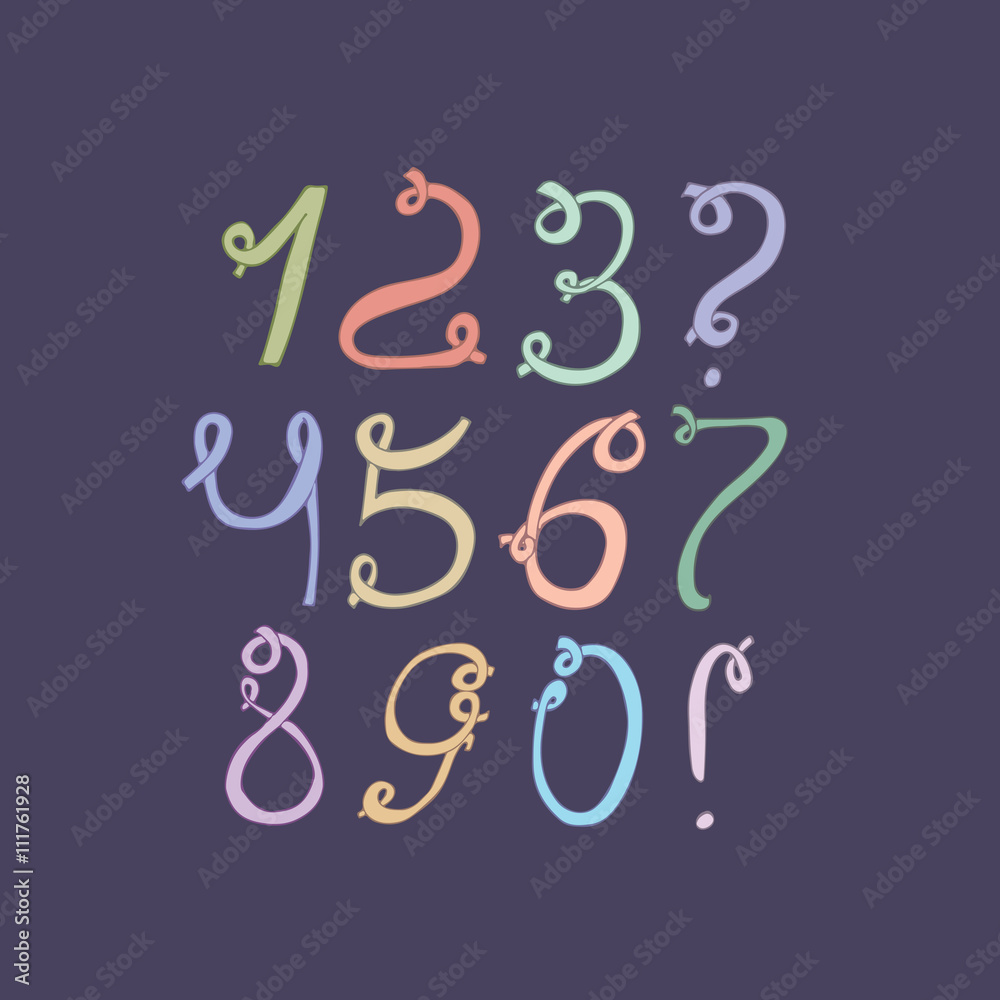 Hand drawn colorful funky digits isolated on dark blue background. Hand drawn sequence vector illustration. Numbers based on swirls, loops and calligraphy style. Unique design for your lettering Hand drawn colorful funky digits isolated on dark blue background. Hand drawn sequence vector illustration. Numbers based on swirls, loops and calligraphy style. Unique design for your lettering