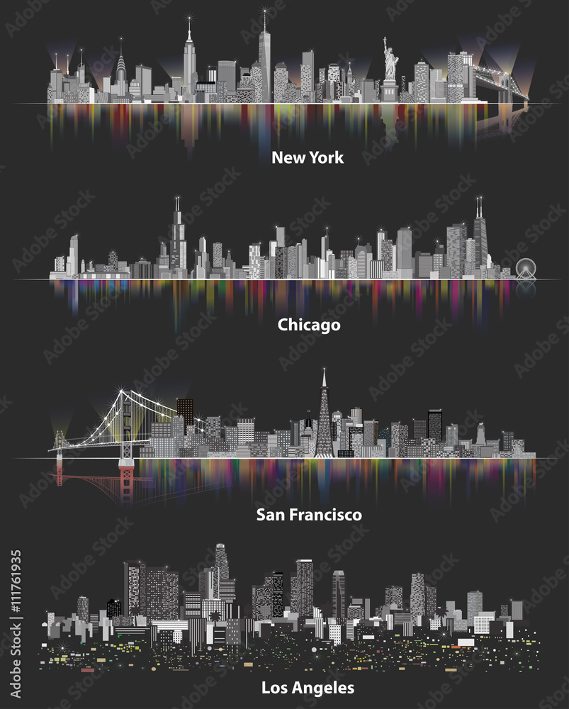 New York, Chicago, San Francisco, Los Angeles cityscapes. United States urban city skylines at night on black background