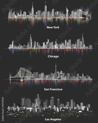 New York, Chicago, San Francisco, Los Angeles cityscapes. United States urban city skylines at night on black background