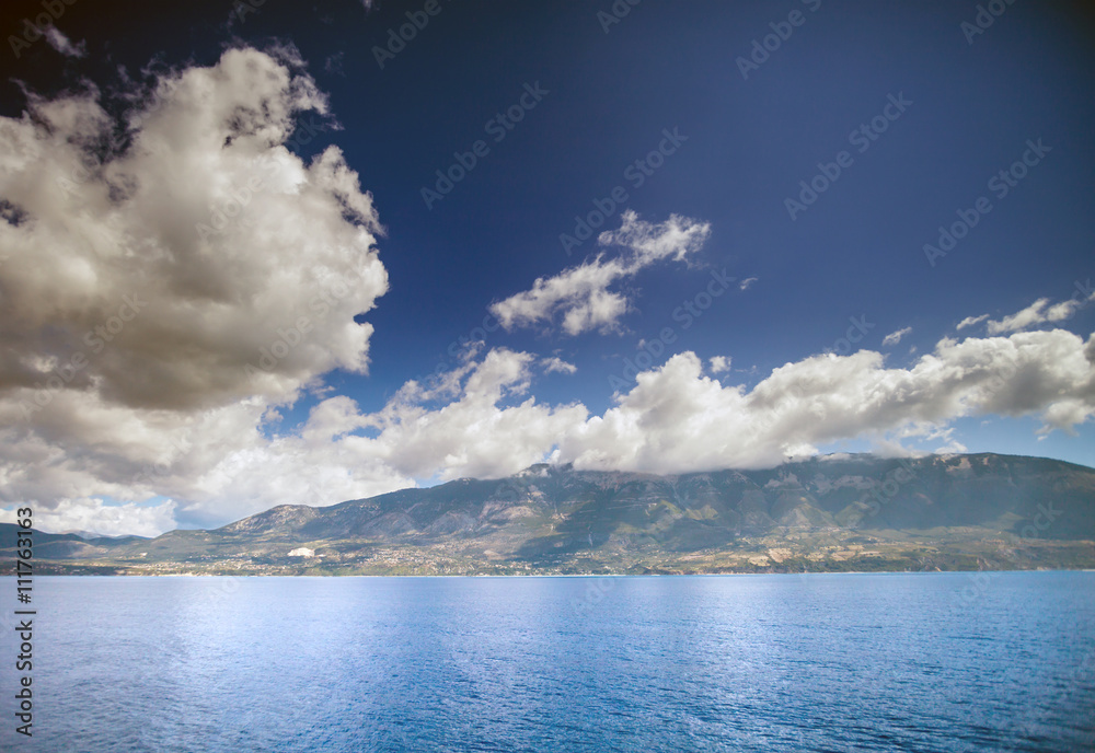 Kefalonia with Mount Ainos, Greek island view from Ionian sea