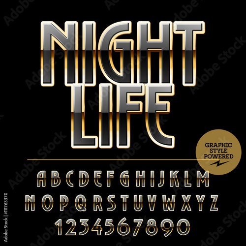Elegant set of black and golden alphabet letters, numbers and punctuation symbols. Vector logotype with text Night life
