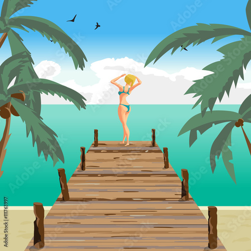 Sea landscape summer beach, old wooden pier. Blonde woman dresse