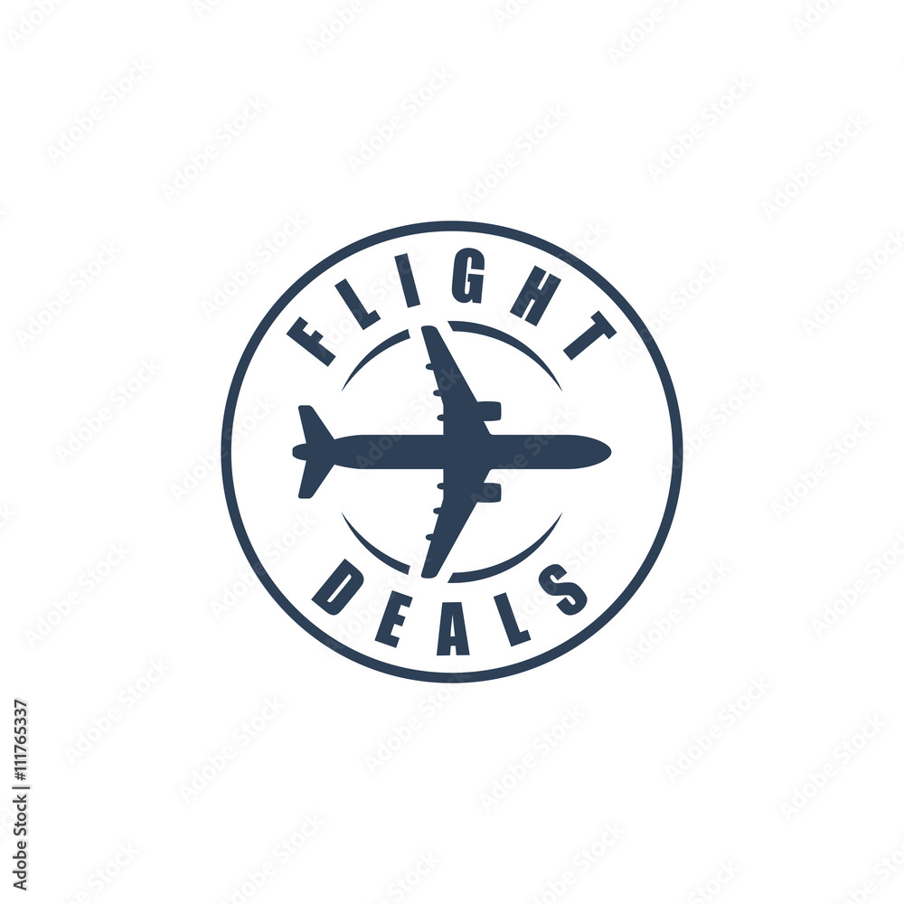Round logo, airplane silhouette, flight deals sign