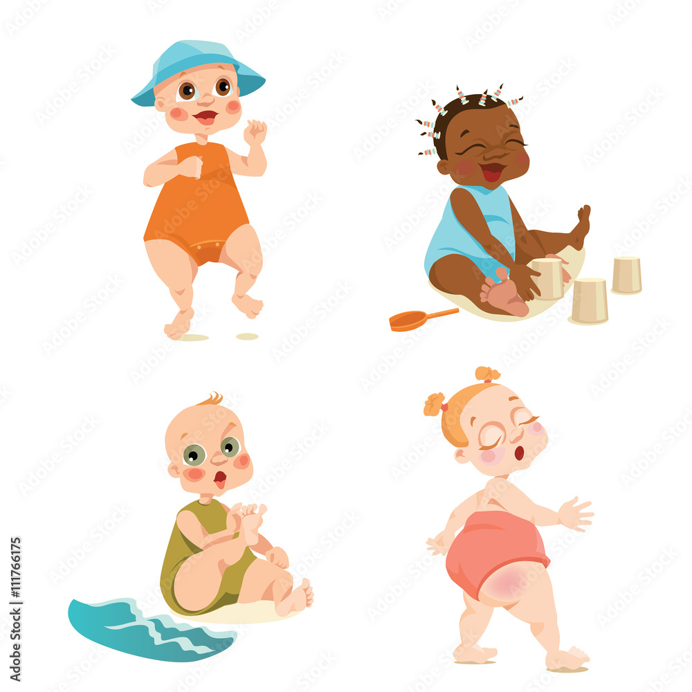 Set of vector illustrations of cute babies on the beach Set of vector illustrations of cute babies on the beach