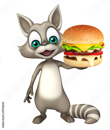 fun Raccoon cartoon character with burger