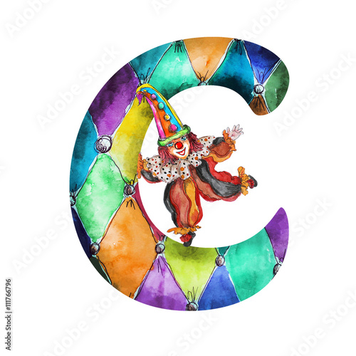 Font C Watercolor hand drawn  isolated clown on white