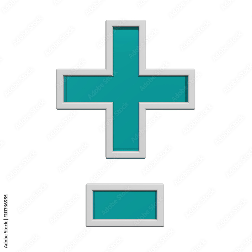 Obraz premium Hyphen, minus, plus marks from turquoise glass with white frame alphabet set. 3D illustration.