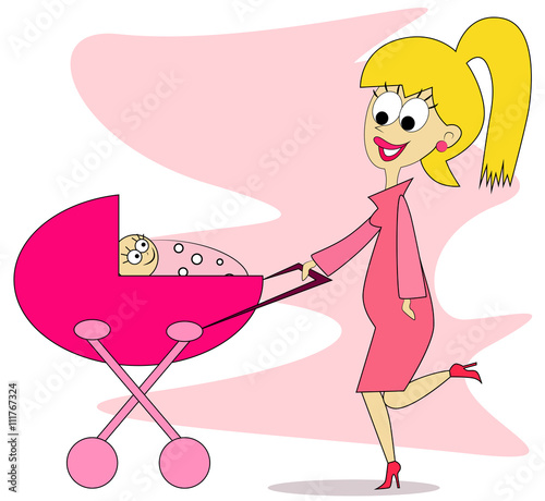 Pretty pregnant woman walking with her baby in stroller.