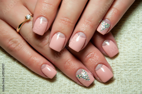 Summer pink manicure with crystals
