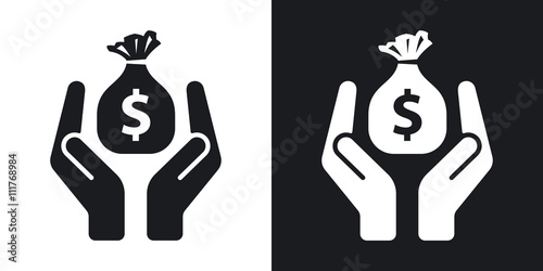 Hands protect the money bag, vector icon. Two-tone version on bl