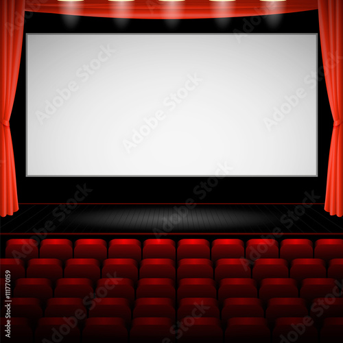 Cinema auditorium with screen and seats. Vector.