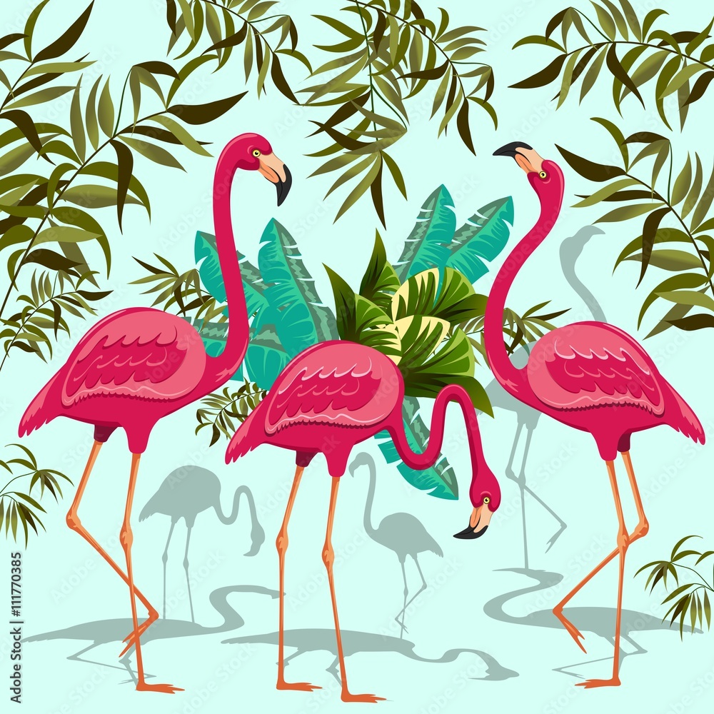 Fototapeta premium Pink Flamingos Exotic Birds with Tropical Plants