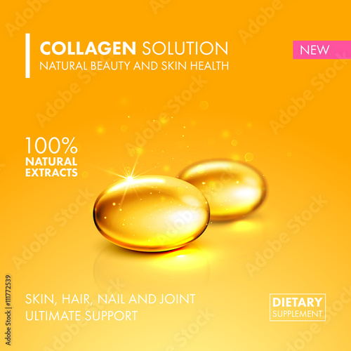 Gold oil collagen capsule pill package illustration.