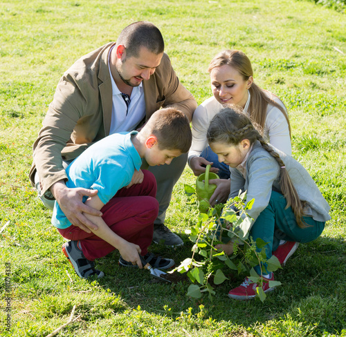 family planting tree outdoors