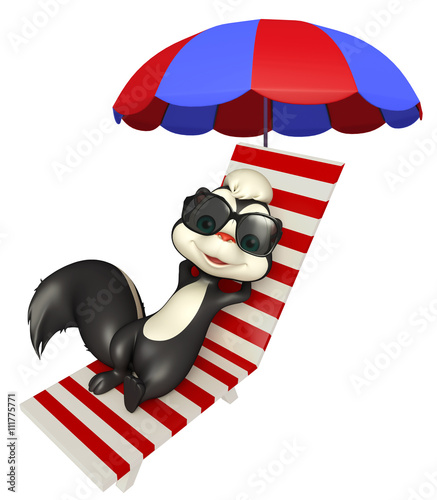cute Skunk cartoon character with beach chair and sunglass © visible3dscience