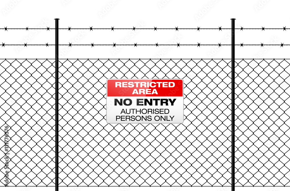 Fence with barbed wire and sign NO ENTRY