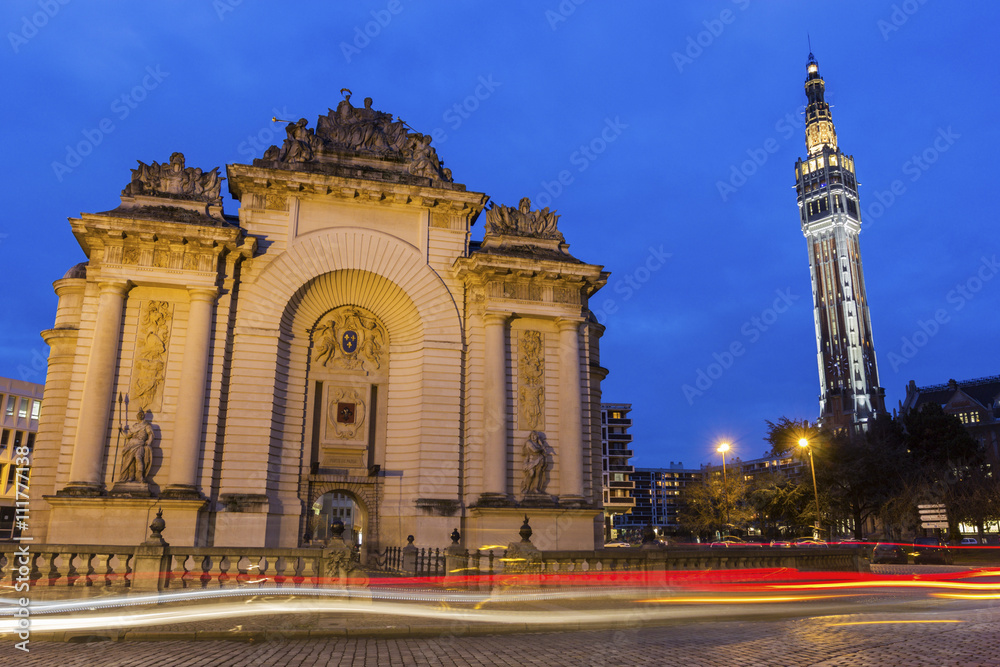 Paris Gate and Belfry of the Town Hall in Lille in France