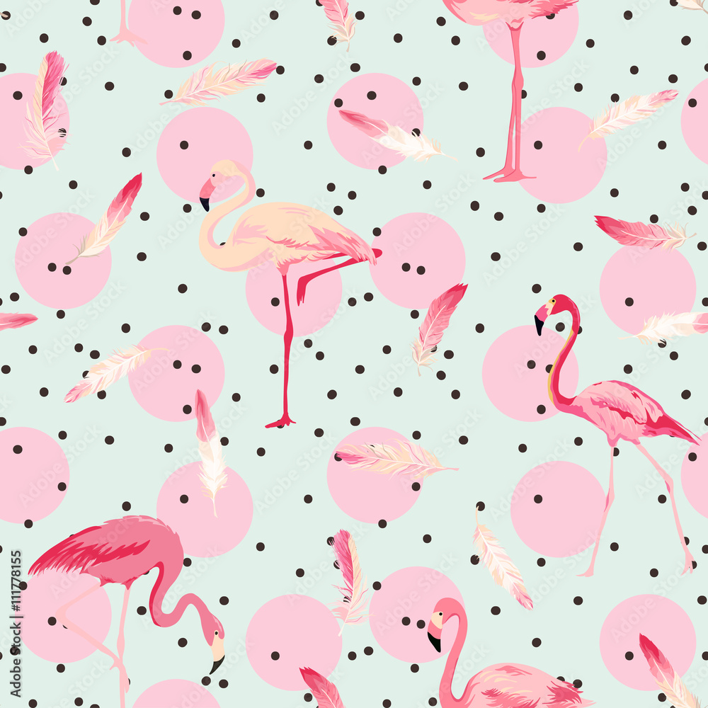 Fototapeta premium Flamingo Ptak Tło. Tło Pióro Flamingo. Retro wzór