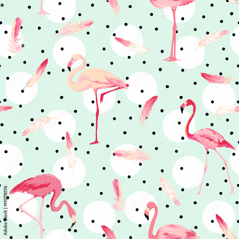 Obraz premium Flamingo Ptak Tło. Tło piórko flamingo. Retro Bezszwowy wzór