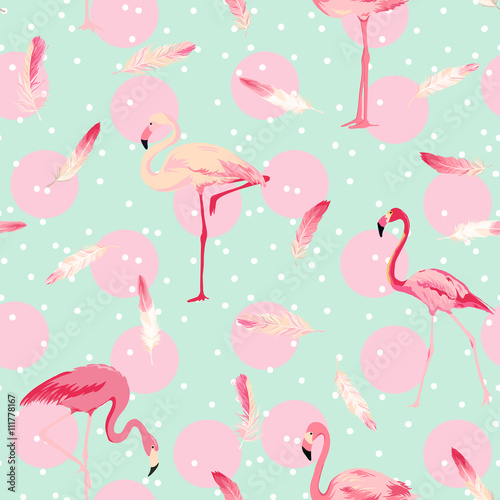 Flamingo Bird Background. Flamingo Feather Background. Retro Seamless Pattern