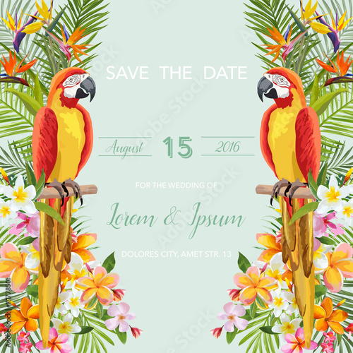 Save the Date. Wedding Card. Tropical Flowers. Parrot Bird. Tropical Design