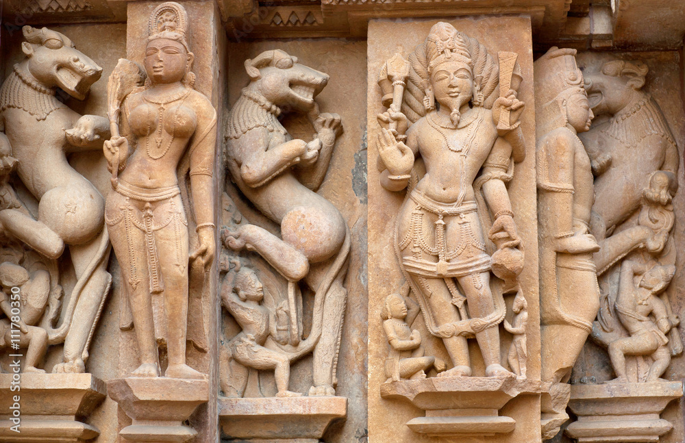 Bas-relief close up at famous ancient temple in Khajuraho, India