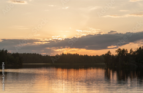 wood lake at sunset