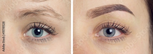Perfect Eyebrows Before After. Two photos of eyes, eyebrows before & after correction. care and review of the eyes, light brown coloring, natural, perfect shape, procedure. Care, thin out, pull out.