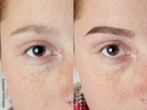 Perfect Eyebrows Before After. Two photos of eyes, eyebrows before & after correction. care and review of the eyes, light brown coloring, natural, perfect shape, procedure. Care, thin out, pull out.
