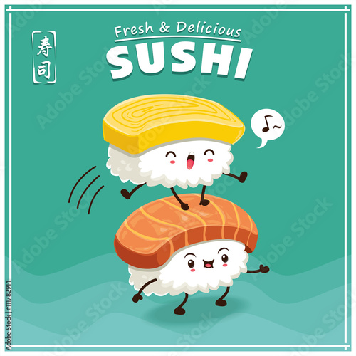 Vintage Sushi poster design with vector sushi character. Chinese word means sushi.