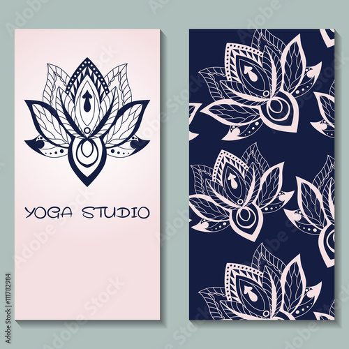 Cards template for yoga studio with lotuses. Yoga vertical vecto