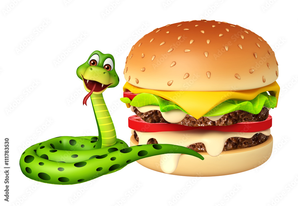 Naklejka premium fun Snake cartoon character with burger