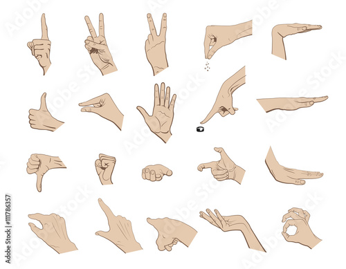 Hand collection - vector outline illustration. Set of 20 gestures. Lines hand on white background.