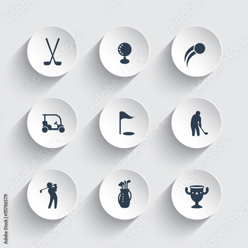 Golf icons, golf clubs, golf player, golfer, golf bag, pictograms, icons on round 3d shapes, vector illustration