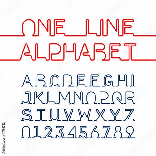 One line alphabet and numbers. One single continuous line font