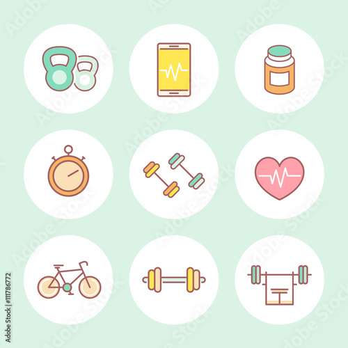 line fitness, gym colored icons set, vector illustration