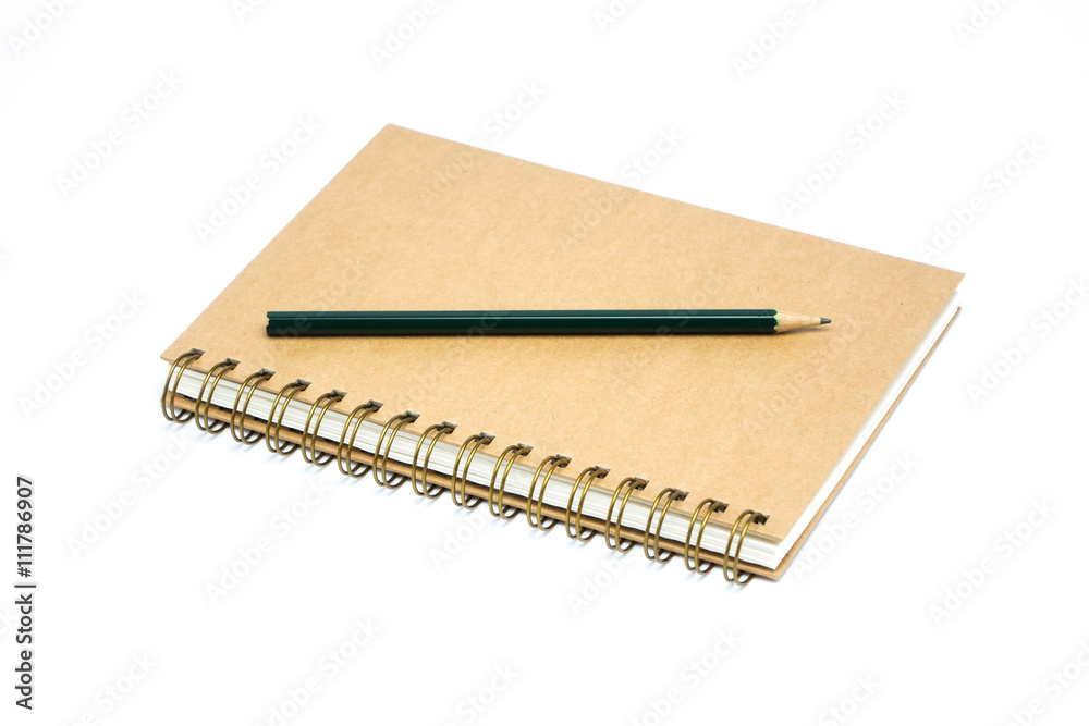 Recycle brown paper notebook and pencil on white background