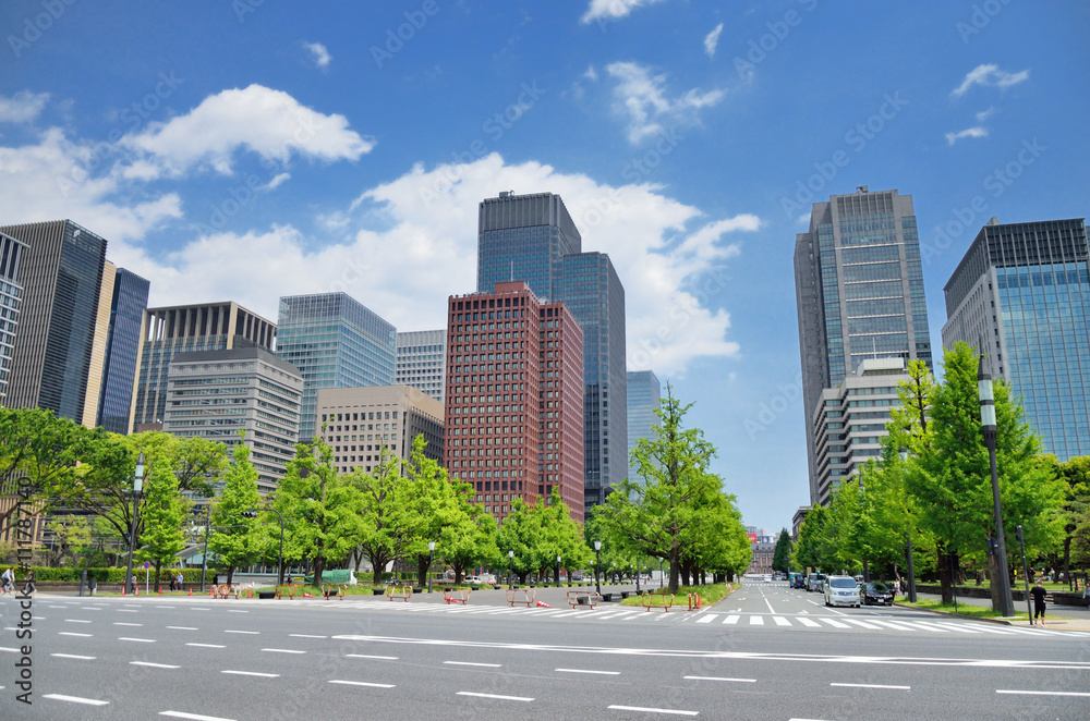 東京　新緑の日比谷通りと丸の内オフィスビル街