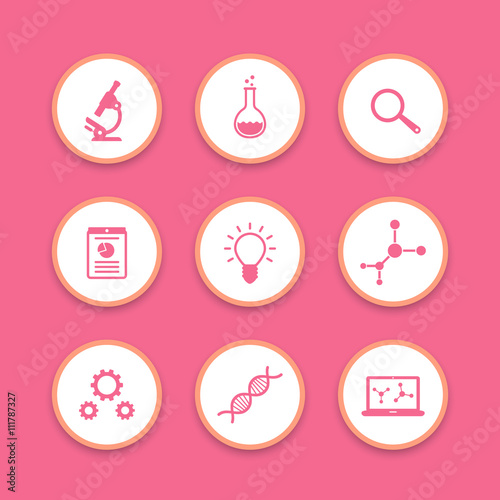 Science icons set, research, laboratory, microscope, dna chain, lab glass, science signs, vector illustration