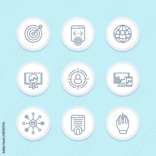 seo line icons, search engine optimization, website indexing, internet marketing, seo tools icons set
