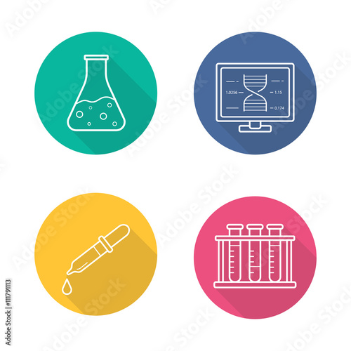 Laboratory equipment flat linear long shadow icons set