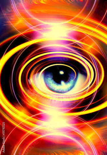 Woman Eye and yellow light circle, abstract color background, eye contact.