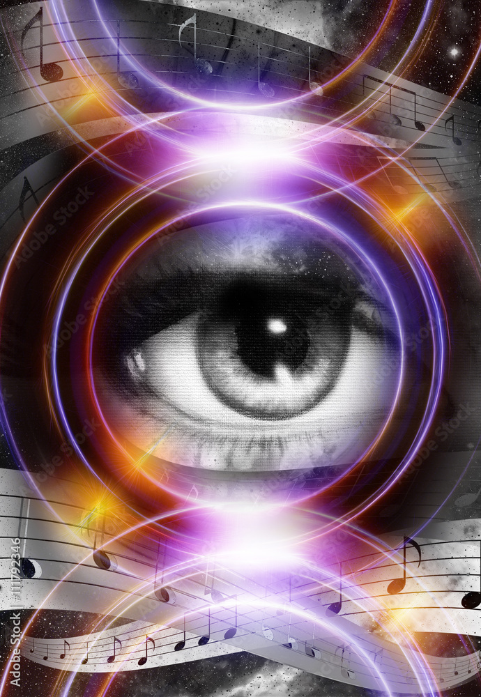 Woman Eye and music note and cosmic space with stars. Audio music ...