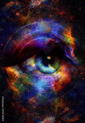 Fototapeta Naklejka Na Ścianę i Meble -  Woman Eye and cosmic space with stars and music speaker silhouette. abstract color background, eye contact, music concept.