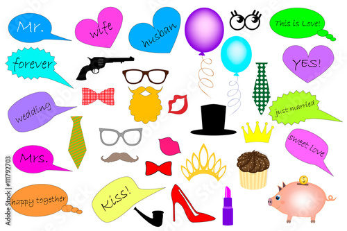 Wedding photobooth. Elements for party props. Mask. Speech clouds. Mustaches, lips, eyeglasses, crown, beard, hat, tie silhouettes and design elements for party props isolated on white background. 