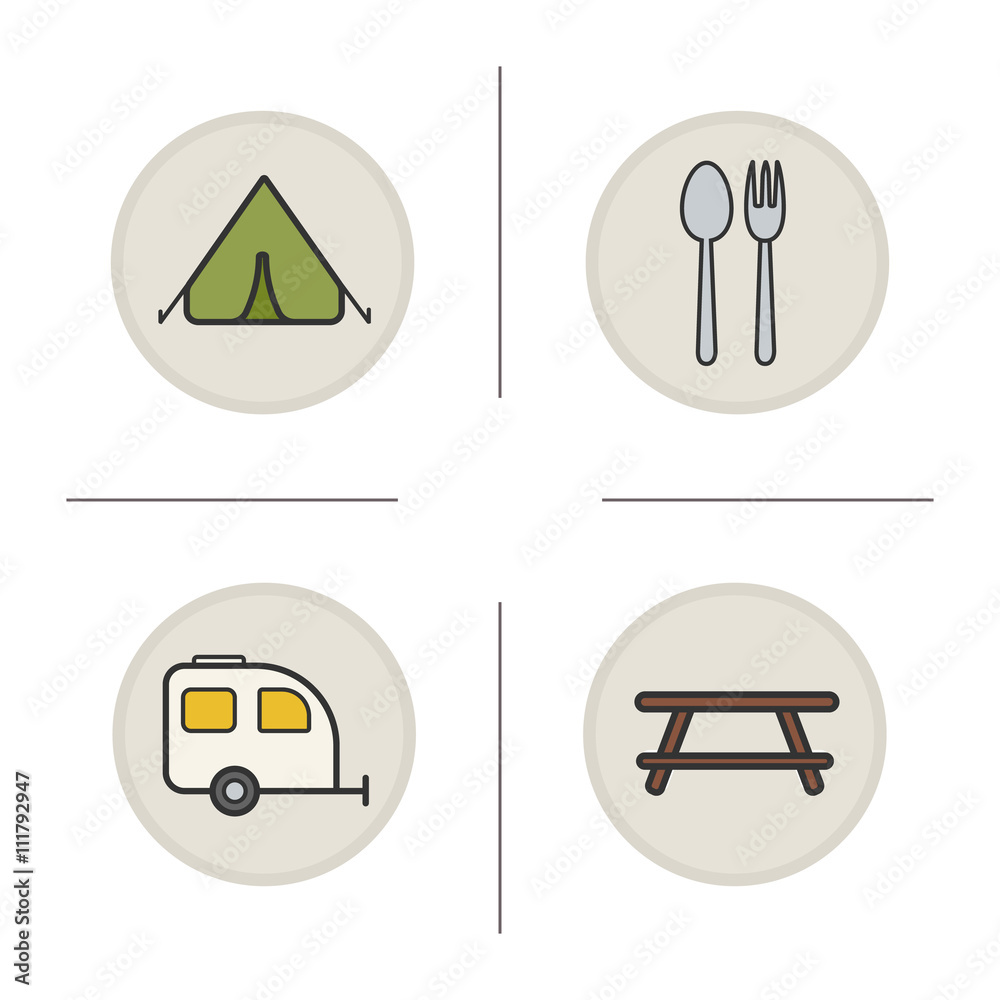 Fototapeta premium Camping color icons set