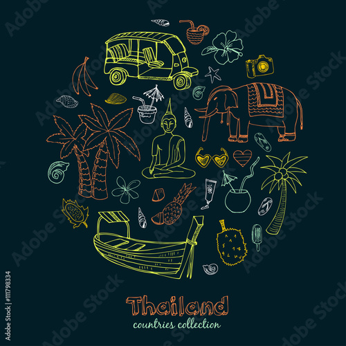 Hand drawn doodle Thailand travel set.